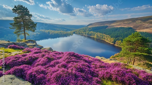 Tranquil lake reflects blue sky, surrounded by vibrant purple heather and lush green hills