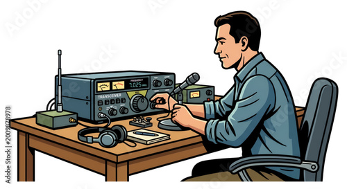 Foto illustration of a man communicating using a shortwave radio communication device