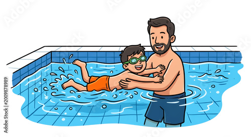 illustration of a father teaching his son to swim in a swimming pool.