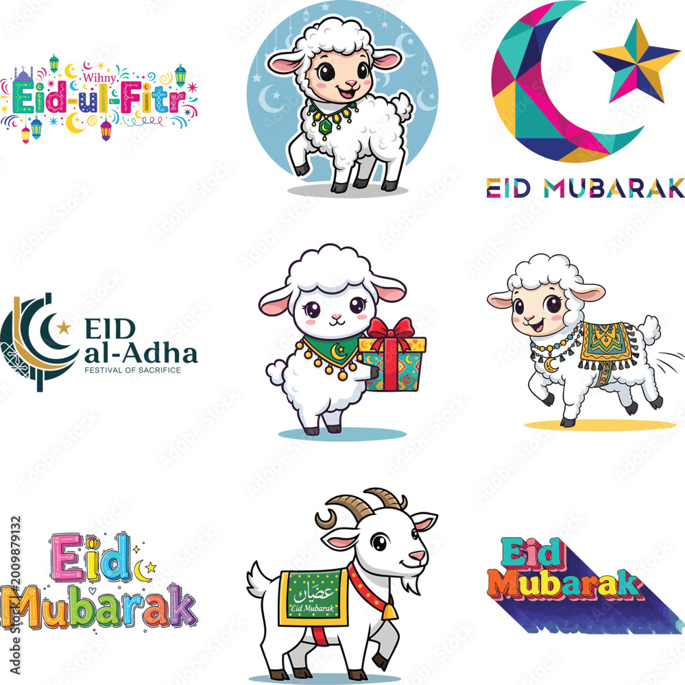 Obraz premium Collection of eid al-fitr and eid al-adha with cute sheep and msea set