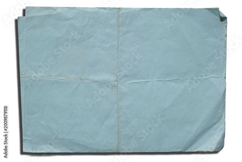 Old Crumpled Blue Paper Texture Isolated on White Background, Vintage Folded Letter Sheet with Creases and Distressed Edges for Mockup and Design