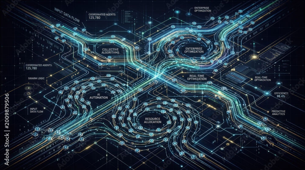 Fototapeta premium Corporate swarm intelligence system with collective algorithms, AI automation and enterprise optimization concept showing many small agents coordinating into efficient patterns, dark premium