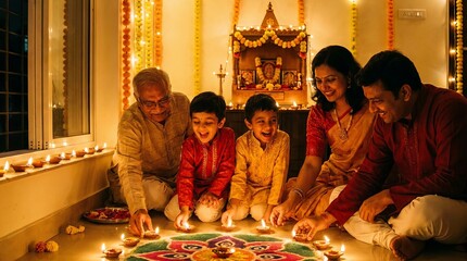 Family lighting oil diyas together at Diwali with excited children and warm golden light