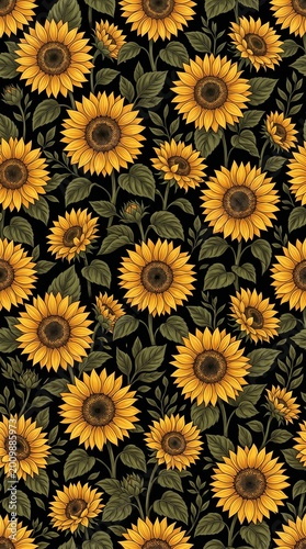 Sunflower Pattern with Gold Flowers and Leaves on Black Background