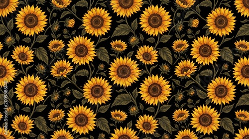 Sunflower Pattern with Gold Flowers and Leaves on Black Background
