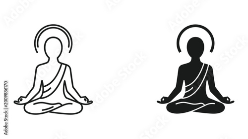 Tableau sur toile Black and white buddha icon set in meditative yoga poses with halos