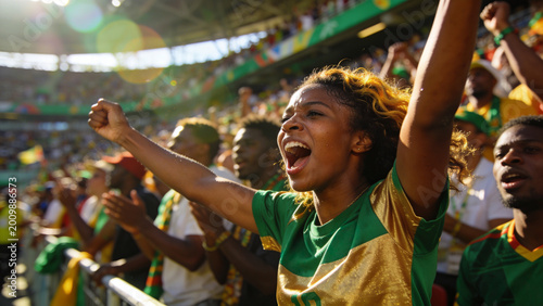 Cheering woman in green and gold jersey raising arms and shouting at outdoor stadium, with flags