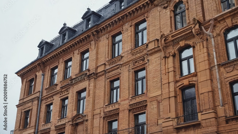 Fototapeta premium Ornate Brick Building Facade with Large Windows and Classic Architectural Details in Urban Setting
