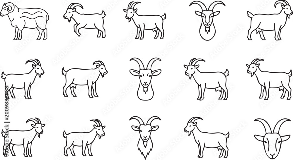 Fototapeta premium Set of black and white goat and ram line for farm branding msea set