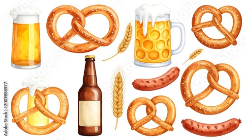 Pretzels beer and sausages Oktoberfest celebration.