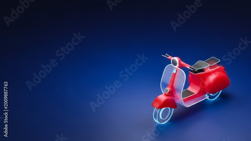A stylized red scooter with chrome accents is prominently displayed on a gradient blue background.