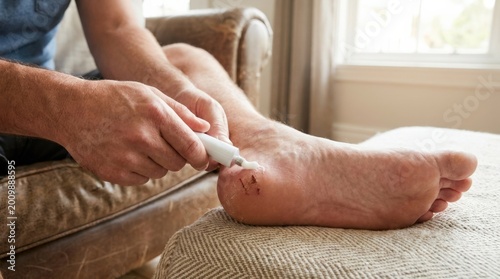 Man applies ointment on scratched foot wound with scab at home, close-up skin treatment for itching rash, irritation relief and minor injury care, personal hygiene and recovery concept, realistic