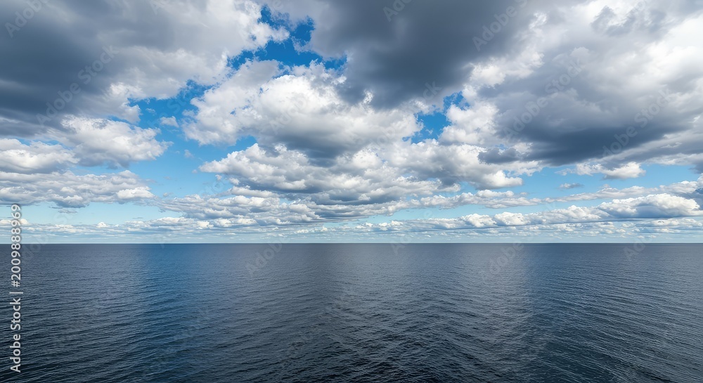 Fototapeta premium Expansive view of a massive freshwater lake where deep blue waters meet the cloudy, atmospheric horizon, emphasizing the large scale of the shoreline ,summer ,serene ,pebbles