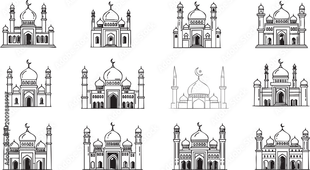 Obraz premium Twelve hand drawn mosque with domes and minarets, black line msea set