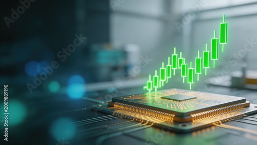 Gold microchip with rising green financial chart overlay showing growth and innovation
