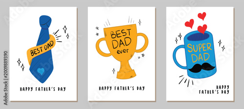 Creative concept of happy fathers day cards set. Modern simple cartoon art design with necktie, trophy and mug. Templates for celebration, ads, branding, banner, cover, label, poster, sales