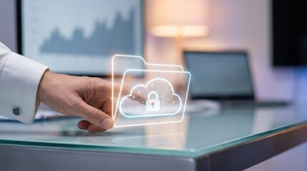 Cloud storage digital folder security concept with hand clicking cloud folder for online backup, file management, remote access and systematic data storage, modern business technology scene with