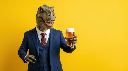 Funny portrait of a dinosaur in a business suit with a glass of beer on a yellow background with space for text, expressive character portrait, playful studio mood, commercial stock appeal, natural