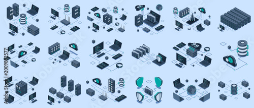 Set of isometric modern technology concept for cloud computing, datacenter, database, artificial intelligence, and blockchain technology. Isometric technology