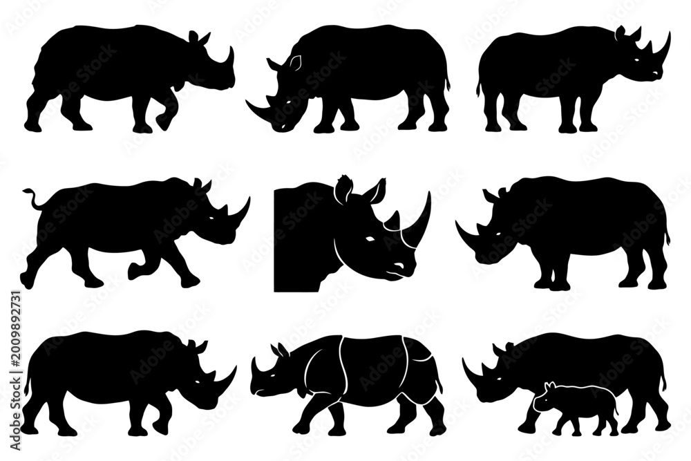 Fototapeta premium Silhouette collection of rhinoceroses in various poses and perspectives.