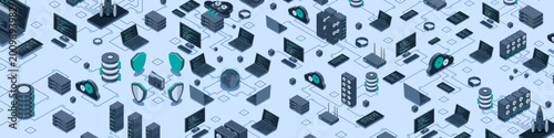 Isometric data network management. Cloud storage data and synchronization of devices. Networking, database, cloud storage. Isometric technology