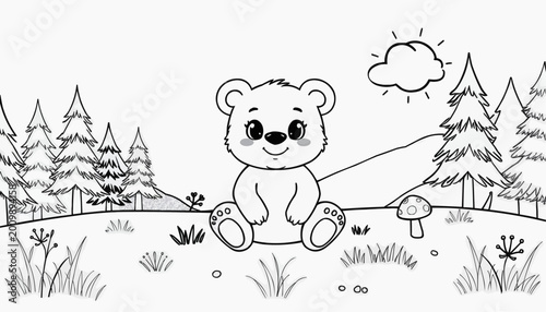 Cute cartoon bear sitting in grass with trees and sun, black and white outline for coloring