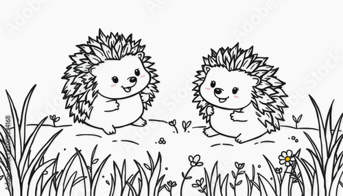 Two cheerful hedgehogs playing in a grassy field surrounded by flowers