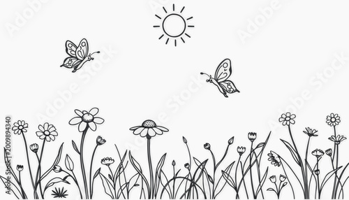 Flowers with butterflies in a sunny landscape, outline drawing with copy space