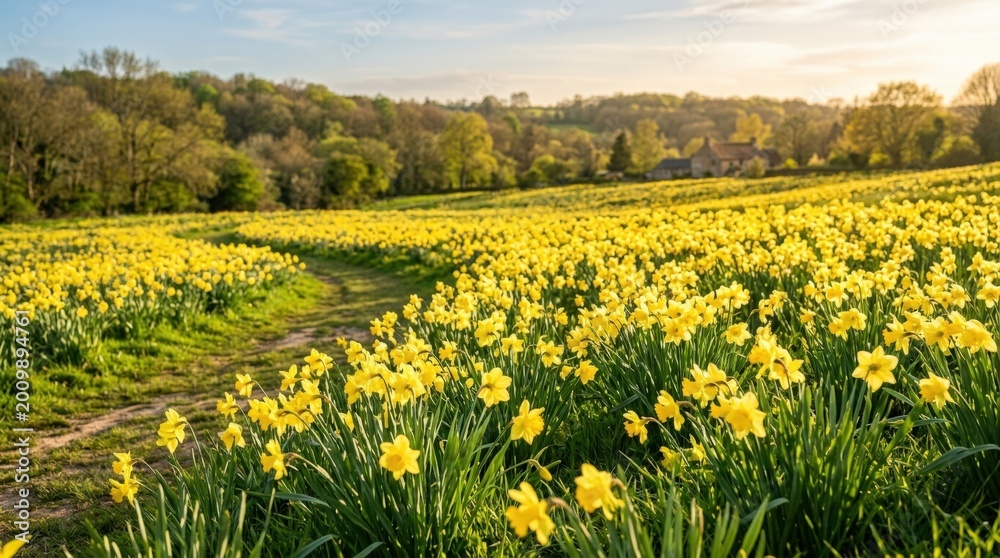Obraz premium Field of yellow daffodils in spring sunlight, vibrant floral landscape with warm golden glow and fresh seasonal charm for nature, wellness and holiday themes, soft foliage blur, luminous detail,