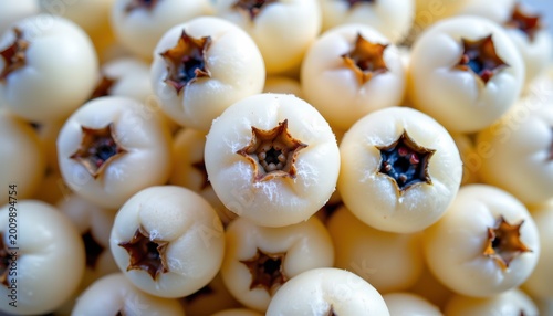 The image features a close up view of a large group of white berries, each with a star shaped calyx at the top