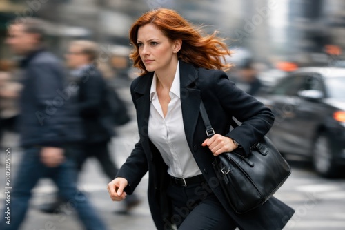 Busy professional woman hurrying through crowded city street showing urgency time pressure fast paced urban lifestyle corporate stress and nonstop rhythm of modern working day