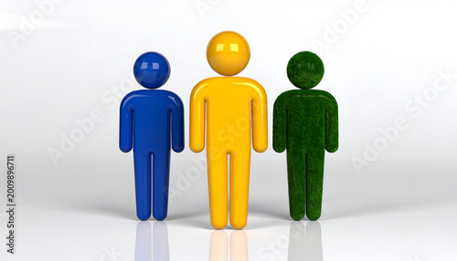Three stylized figures in blue, yellow, and green standing together.
