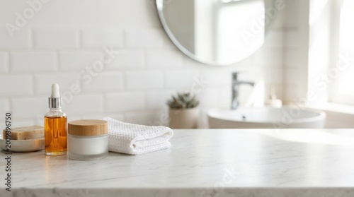 Clean tabletop with free space in a bright bathroom interior, minimal product display surface for skincare, hygiene, wellness branding and elegant home lifestyle advertising, soft natural light,