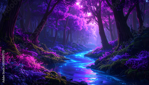 Enchanting Mystical Forest River with Bioluminescent Flora.
