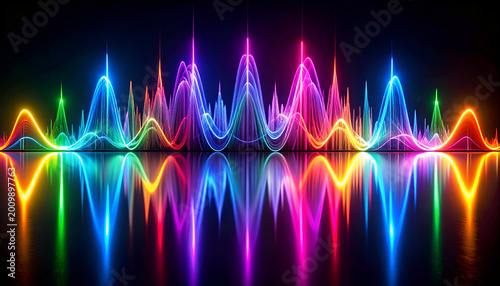 Vibrant Neon Sound Wave Equalizer Reflecting on a Dark Surface.