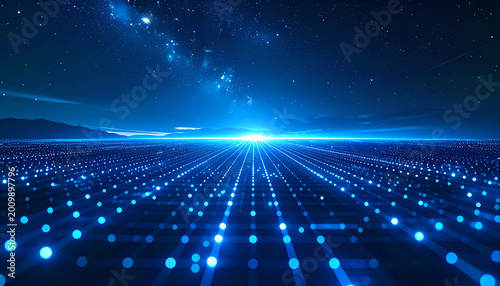 Abstract Blue Digital Network Grid with Bright Light Horizon.