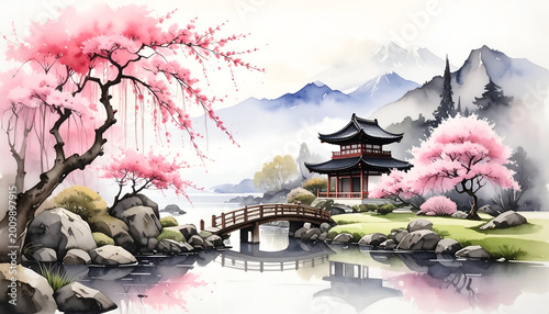 Serene Japanese Garden with Cherry Blossoms and Pagoda.