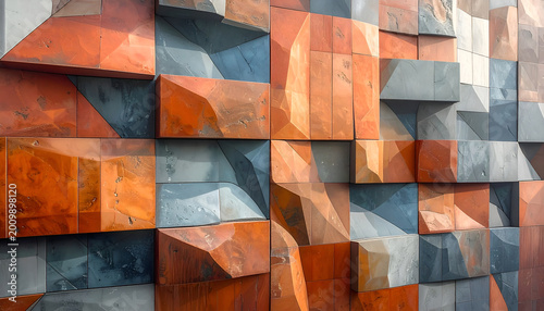 Geometric Facade Texture with Copper and Blue Tones.