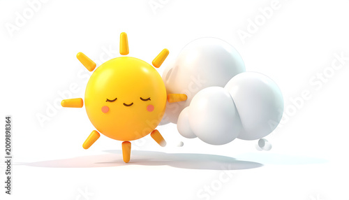 Cute Cartoon Sun and Cloud Characters on White Background.