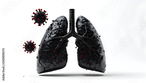 3D Render of Diseased Lungs Attacked by Coronavirus Particles.