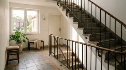 Sunlit stairwell in an apartment block at morning, metal railing and tiled landing with calm geometry and domestic quiet, residential architecture detail for housing, interior design or lifestyle