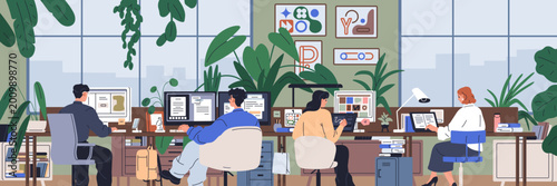 Modern office interior workspace. Corporate work environment, business team, ...