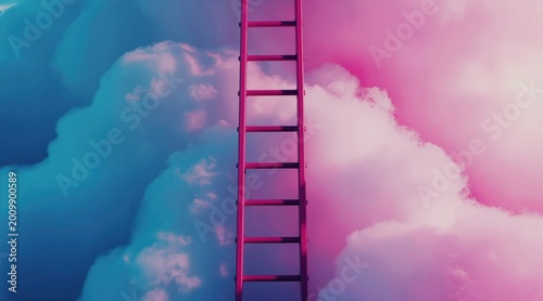 Red ladder extends through soft pink and blue clouds. This surreal image suggests goals, dreams, and aspiration reaching new heights. Conceptual art for fantasy and progress.