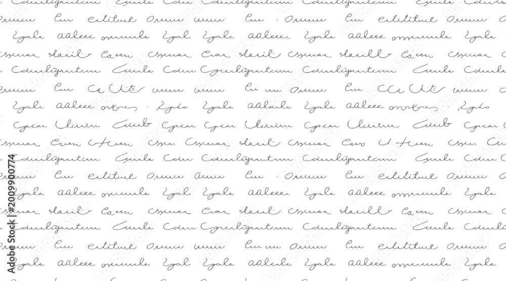 Fototapeta premium Seamless pattern of handwritten cursive text in grey ink on a white background with repeating lines of script
