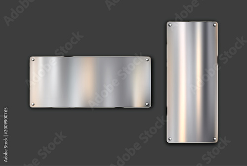 Metal plate texture with screws, clean industrial surface with subtle reflections background. Stainless steel frame mockup with empty space for signage, branding. Blank shape chrome texture surface