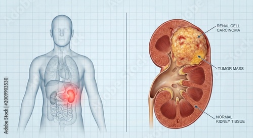 detailed medical illustration showing human body with kidney area highlighted in red to indicate cancer, alongside magnified cross-section of a kidney revealing a tumor and affected renal tissue.