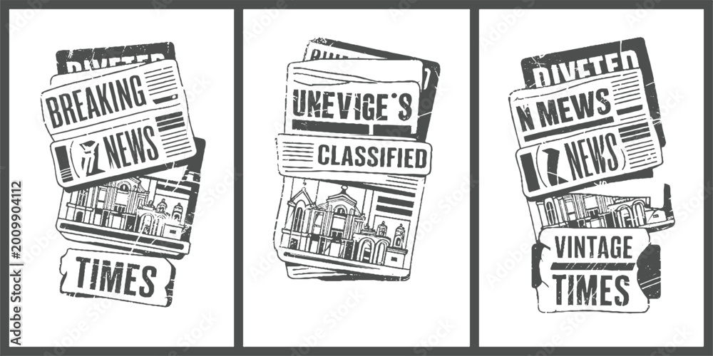 Obraz premium Three vintage newspaper stacks with headlines breaking news classified and vintage times and architectural