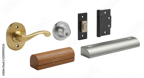 A collection of door hardware including a brass lever handle, a silver deadbolt, a black hinge, a wooden door pull, and a brushed metal push