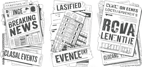 Stack of newspapers with headlines breaking news classified events and building in monochrome