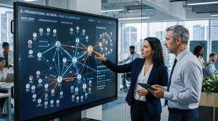 Organizational network structure with connected people icons on digital interface, team collaboration, stakeholder mapping, social graph and business communication on copy space background,
